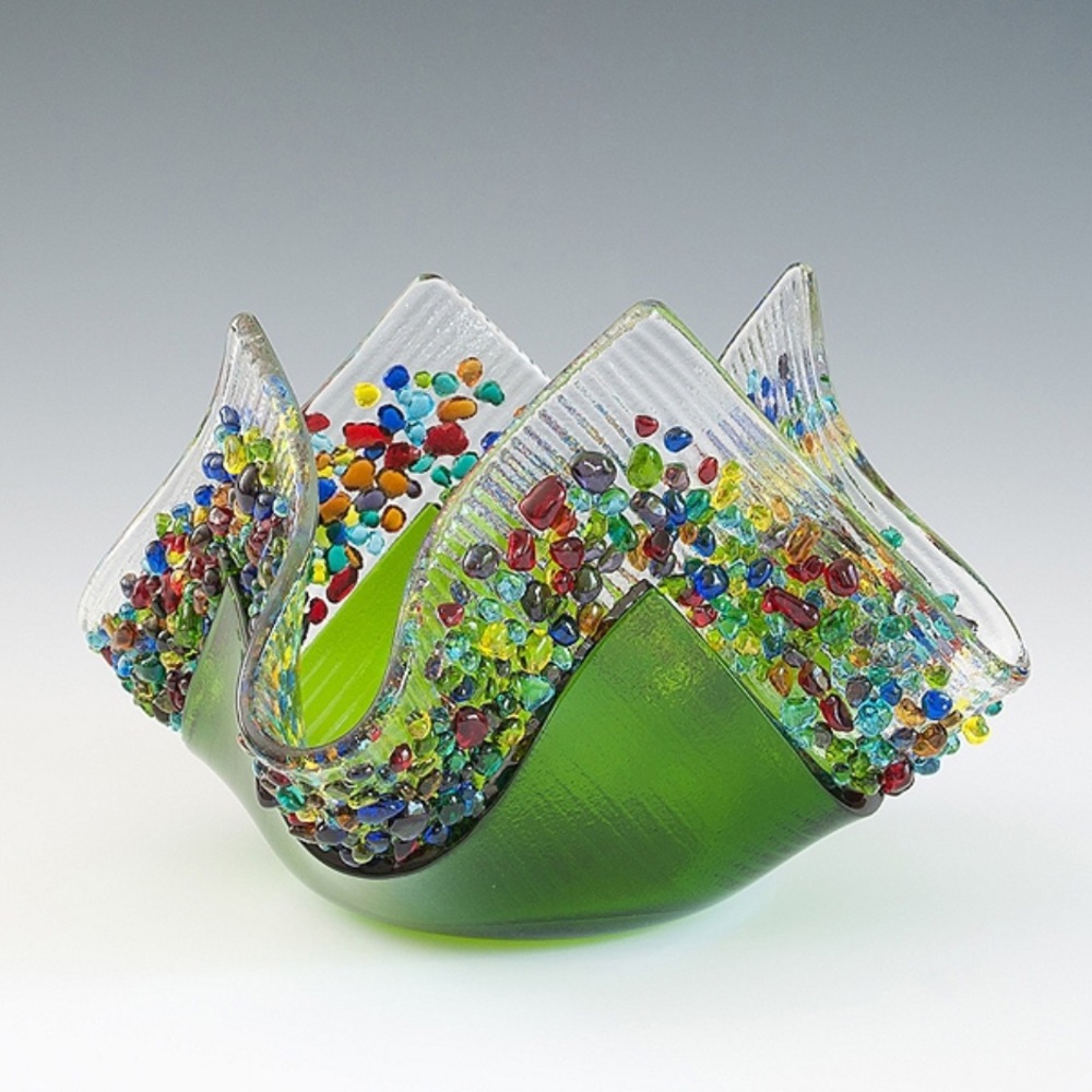 GLASS IMAGES Confetti MOSS GREEN Fused Art Glass Tea Light Candle Holder